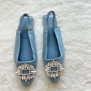 ZARA Shimmery Denim Flat Slingback Shoes - Size 37